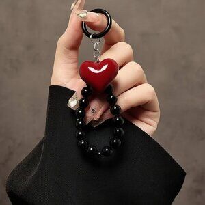 Red Heart Phone Chain Wrist Strap Phone Case Lanyard Black Beads Keyring Plastic